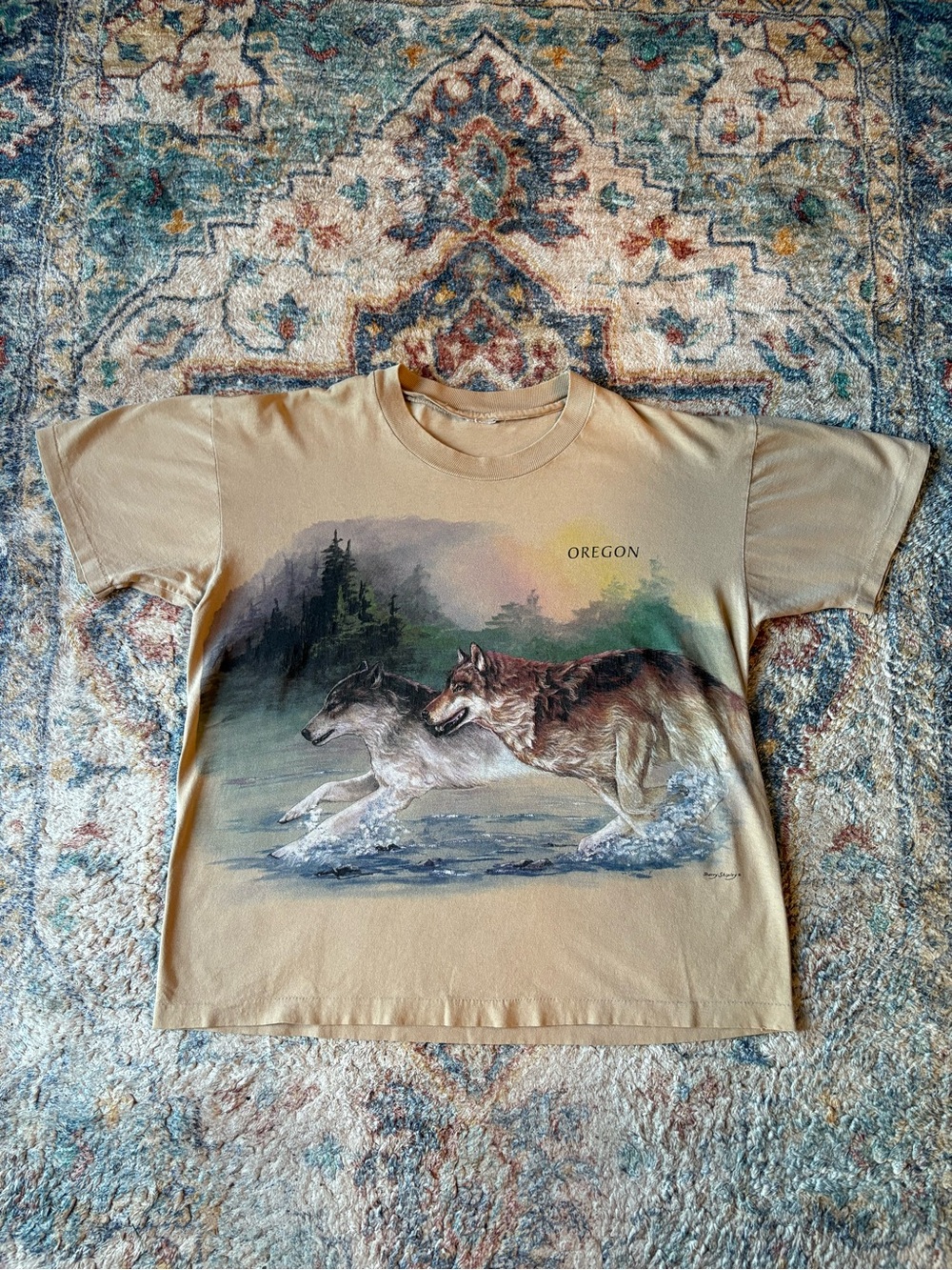 Vintage Oregon Wolf Animal Wrap Around Print Nature T-shirt Large